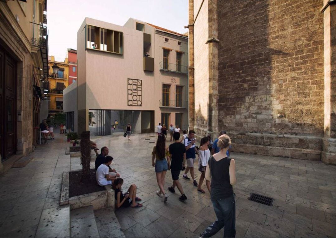 Recreación del aspecto final de la casa del relojero, una vez rehabilitada y el edificio de nueva planta anexo. A la derecha, el campanario del Miguelete 