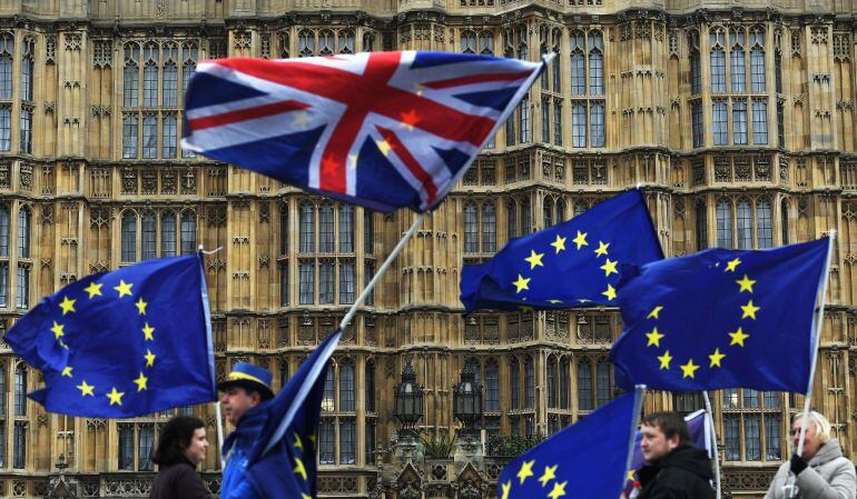 Manifestantes a favor de la Unión Europea protestan a las afueras de la Parlamento en Londres, Reino Unido