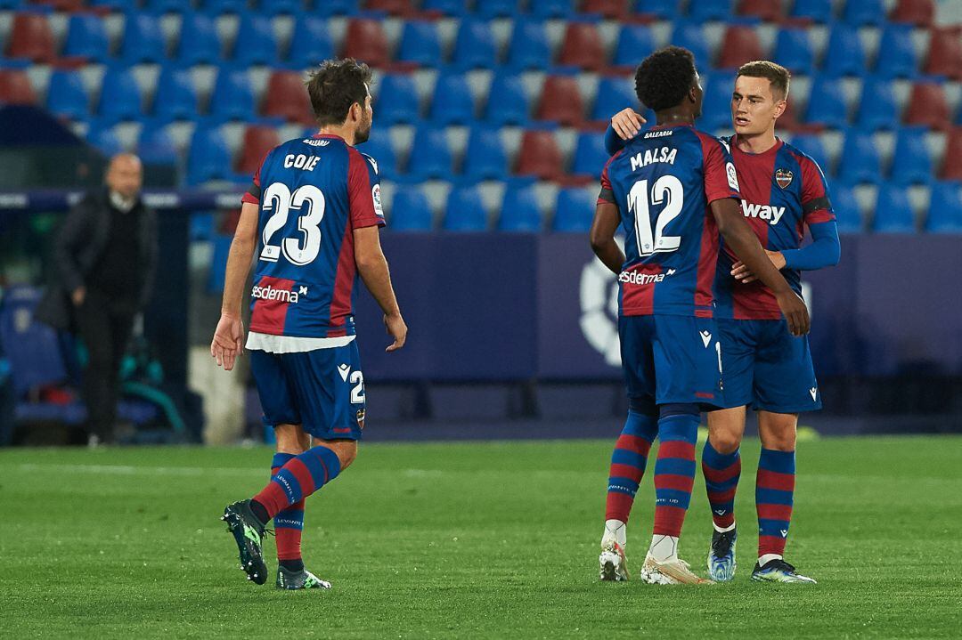 Mickael Malsa of Levante UD celebrates a goal during the La Liga match between Levante UD and Villarreal CF, at Estadio Ciutat de Valencia