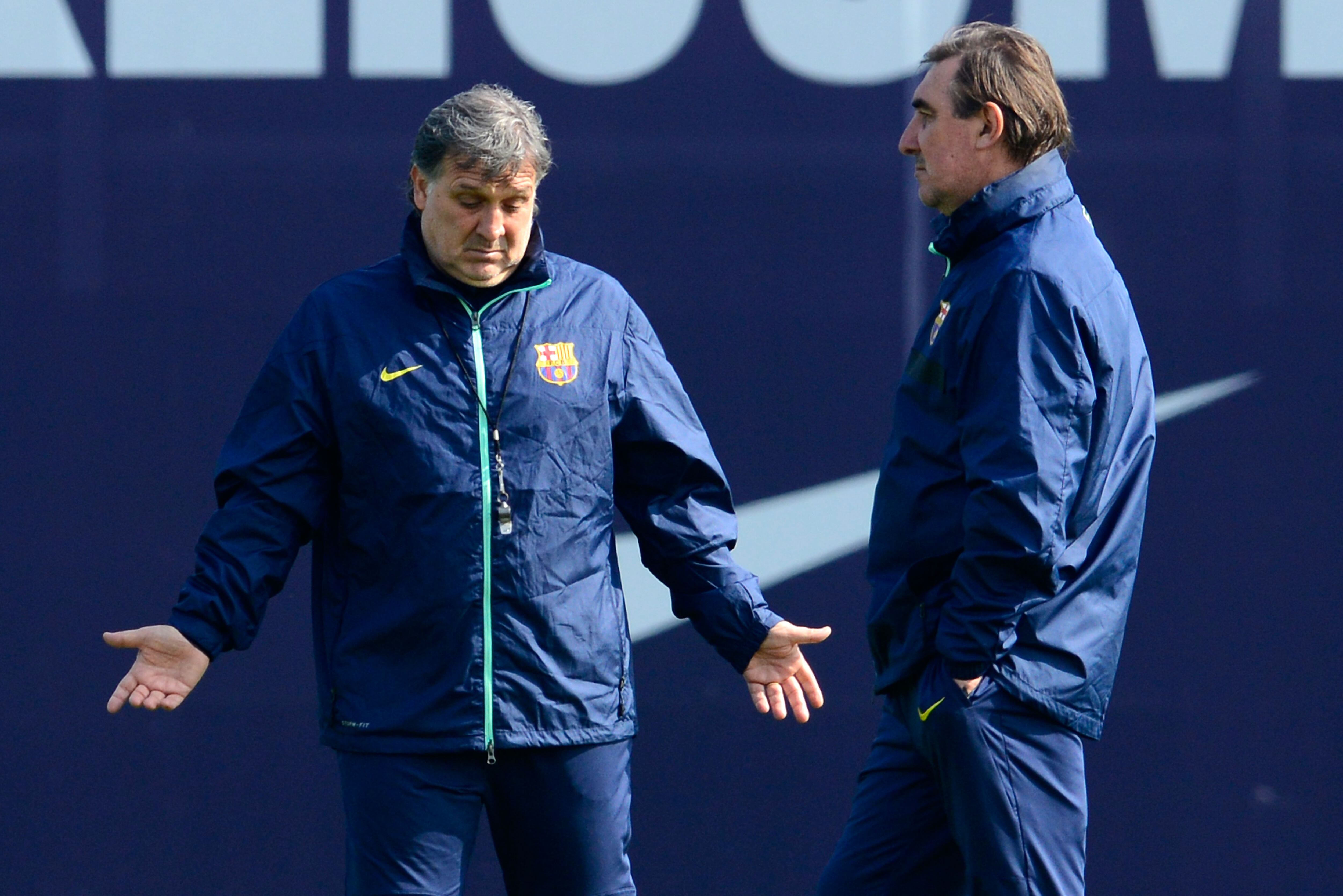 Tata Martino y Pautasso en un entrenamiento del FC Barcelona.