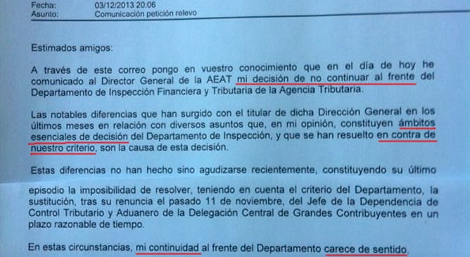 Captura de pantalla del comunicado en el que el director de Inspección Financiera de la Agencia Tributaria presenta su renuncia