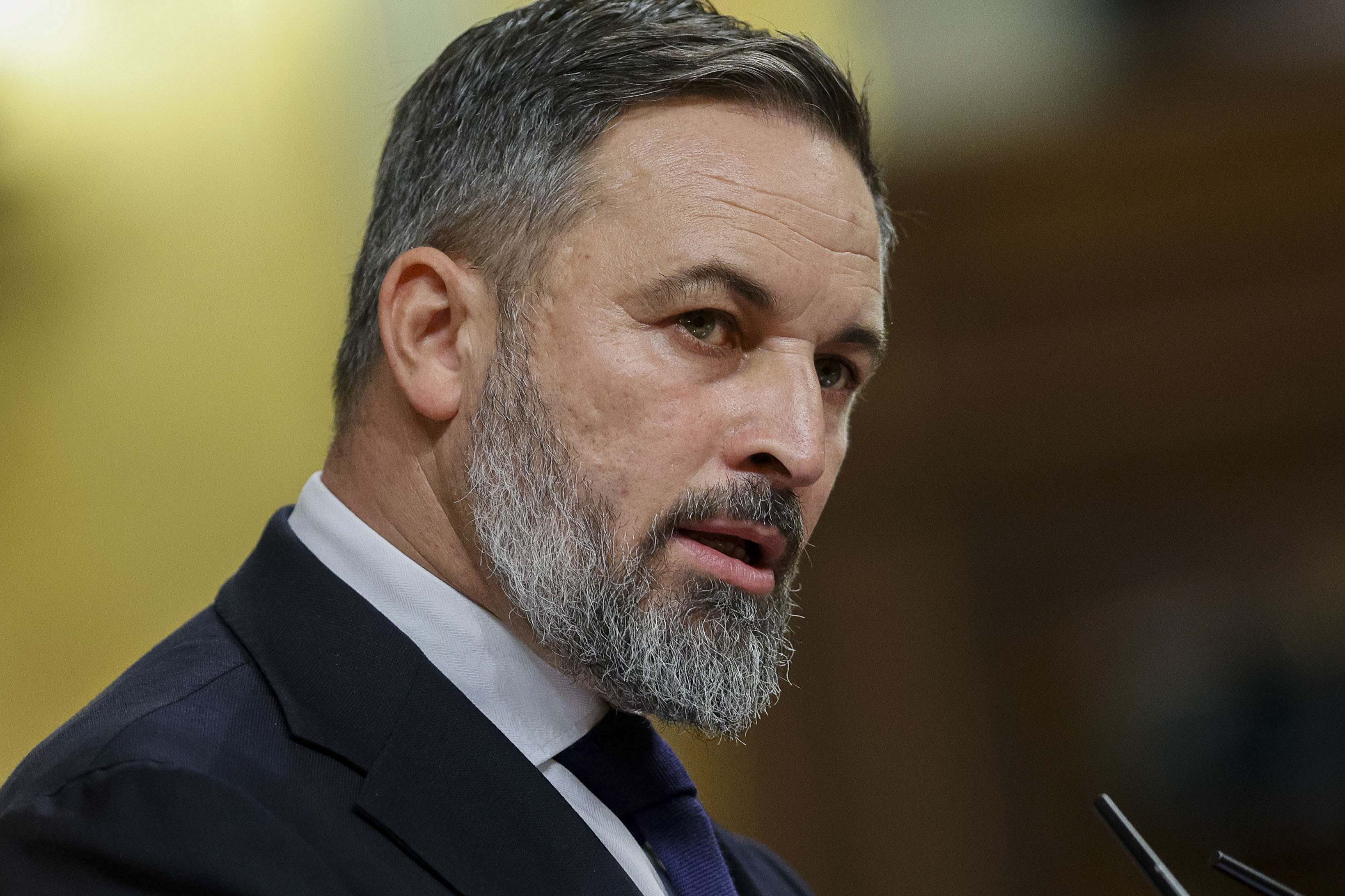 El líder de Vox, Santiago Abascal, interviene durante el primer día del debate de investidura del presidente del Gobierno en funciones, Pedro Sánchez.