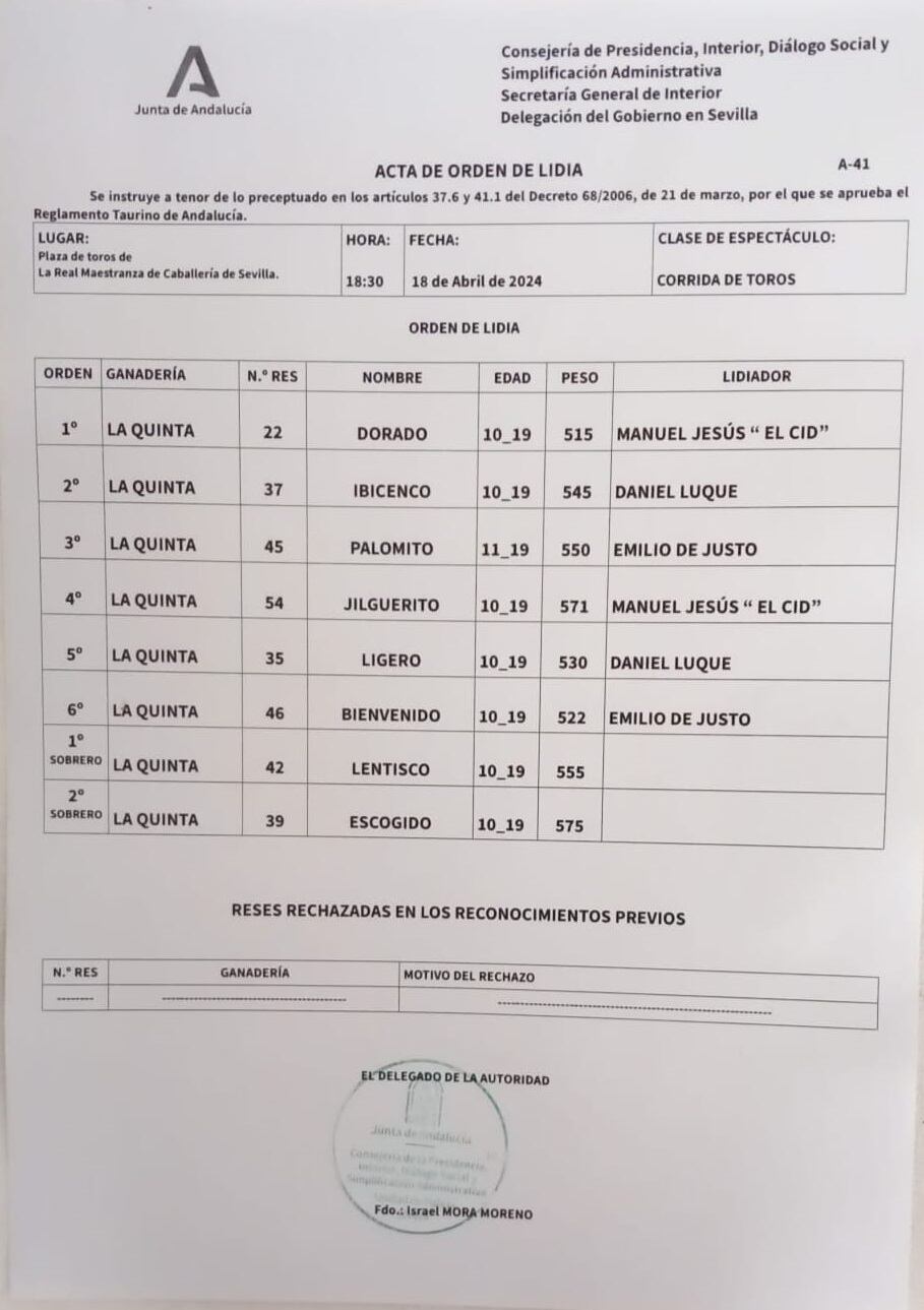 Orden de lidia de los toros de La Quinta para este jueves de farolillos en la Real Maestranza