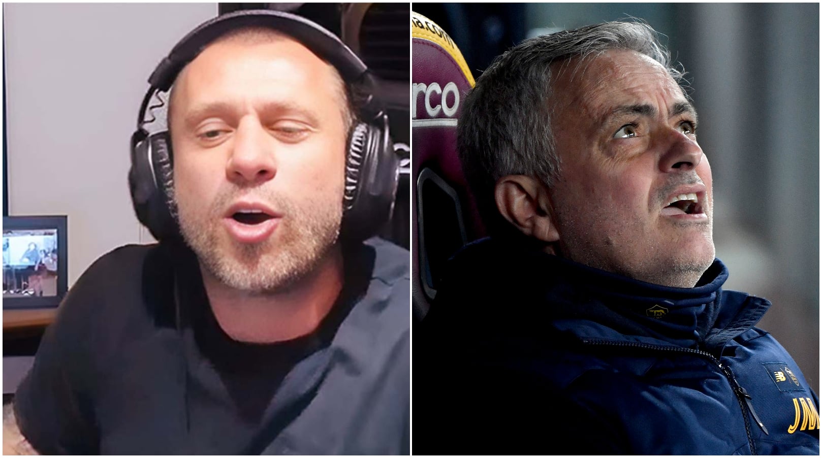 A la izquierda, Cassano en &#039;Bobo Tv&#039;; a la derecha, Mourinho, durante un partido con la Roma.