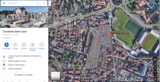 Panorámica del cementerio a través de Google Maps