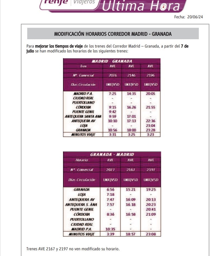 Nuevos horarios en el corredor Madrid-Granada