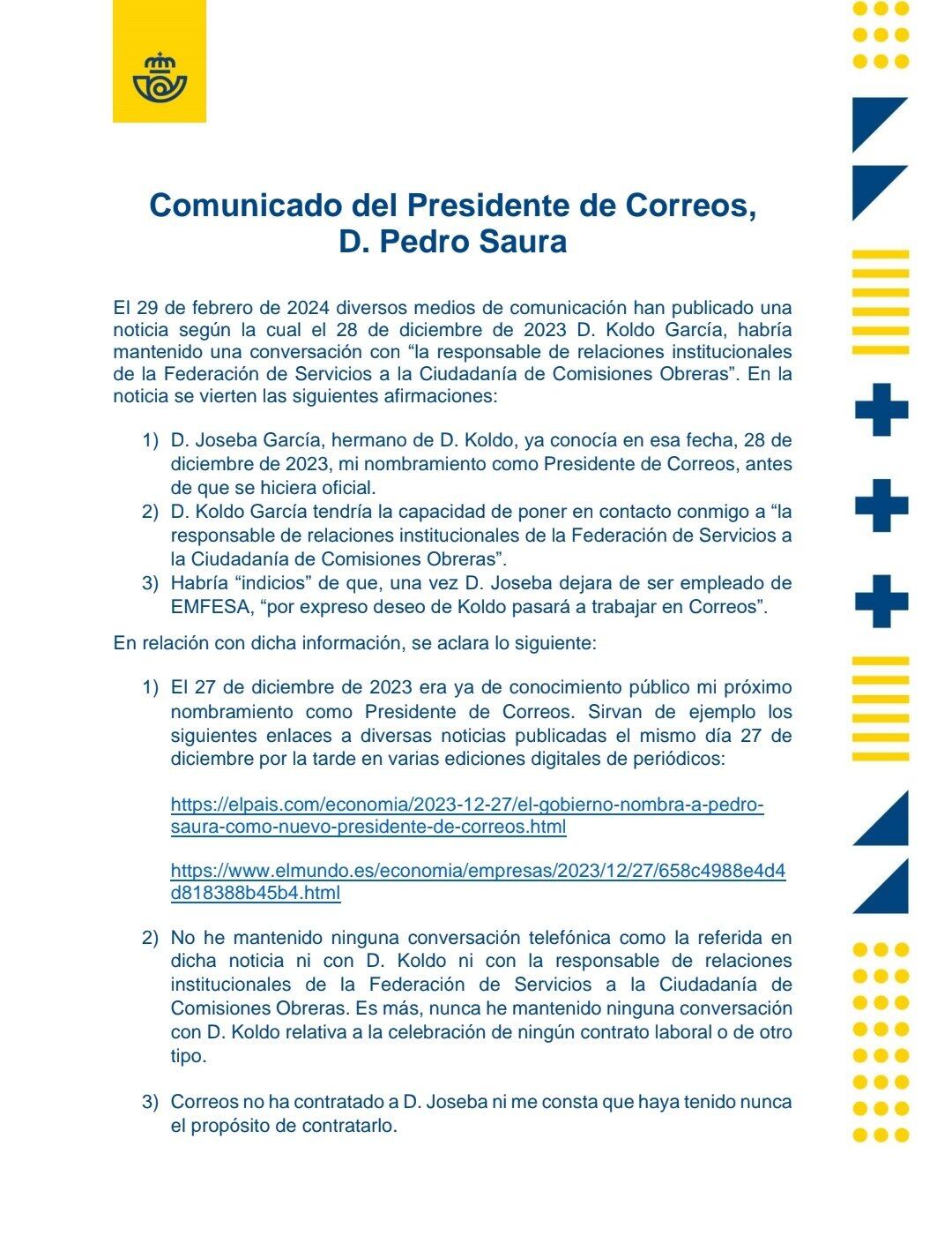 Comunicado de Pedro Saura