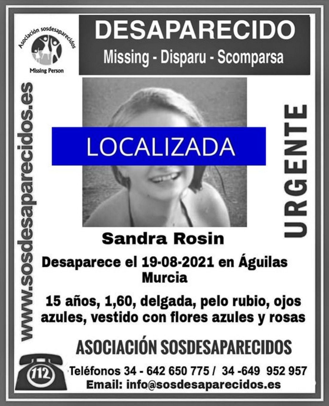 Desactivada la alerta por desaparición de Sandra Rosin