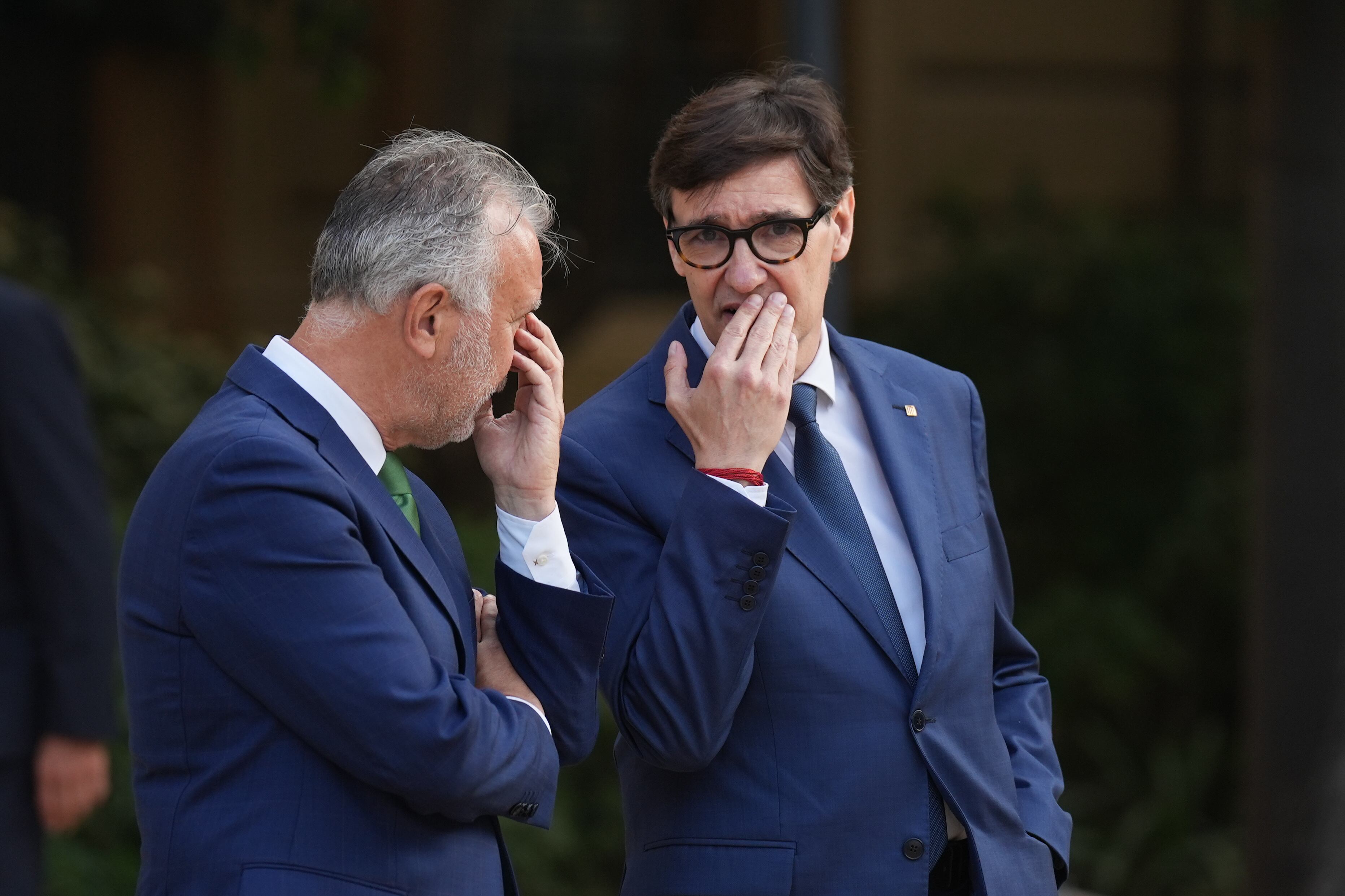 BARCELONA CATALONIA, SPAIN - JUNE 06: The Minister of Territorial Policy, Angel Victor Torres (left) and the President of the Generalitat of Catalonia, Salvador Illa (right), on their arrival at the XXVIII Conference of Presidents, at the Palau de Pedralbes in Barcelona, on June 6, 2025, in Barcelona, Catalonia, Spain. During the conference, the 16 points of the agenda will be addressed, expanded after the inclusion of the demands of the Autonomous Communities, which include, among other issues, the reform of autonomous financing, border control, migration policy, access to housing, the energy situation and the reform of the Judiciary. For the first time, the regional presidents can speak in the co-official languages of their territories with simultaneous translation. (Photo By David Zorrakino/Europa Press via Getty Images)