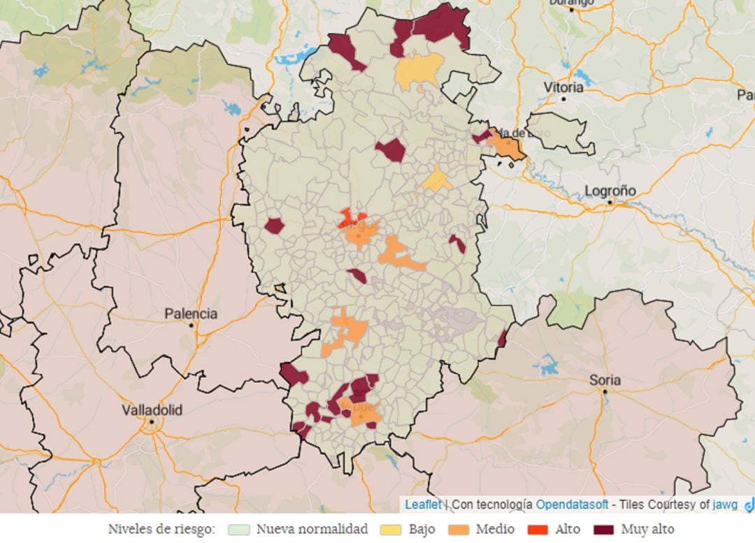 Mapa de riesgo epidemiológico de la provincia de Burgos en la última semana