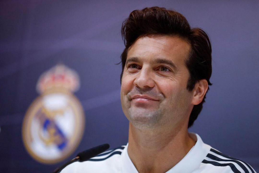 Solari, durante la rueda de prensa en Valdebebas. 