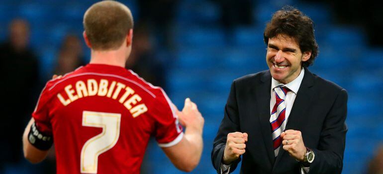 MANCHESTER, ENGLAND - JANUARY 24:  Aitor Karanka, manager of Middlesbrough celebrates with Grant Leadbitter after the FA Cup Fourth Round match between Manchester City and Middlesbrough at Etihad Stadium on January 24, 2015 in Manchester, England.  (Photo