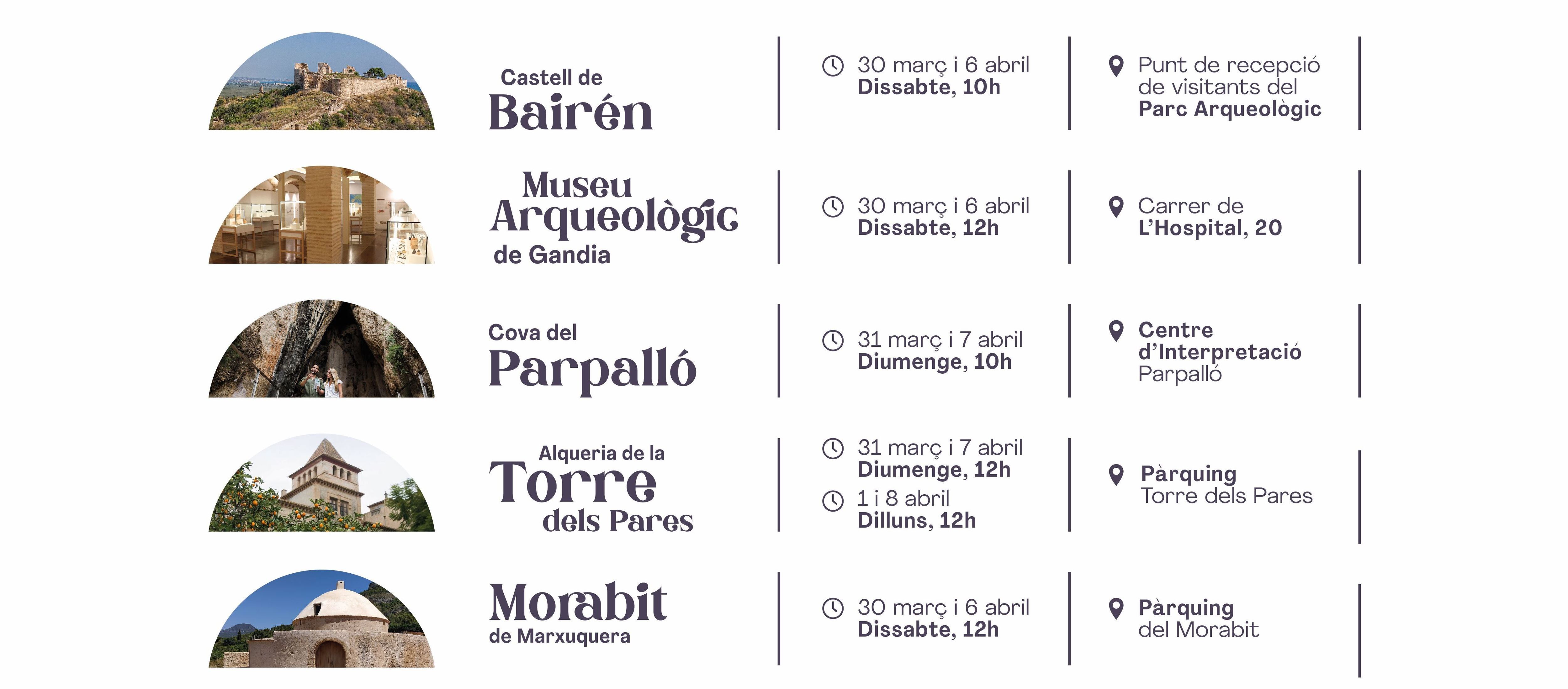 Horarios de las visitas guiadas al patrimonio de Gandia.