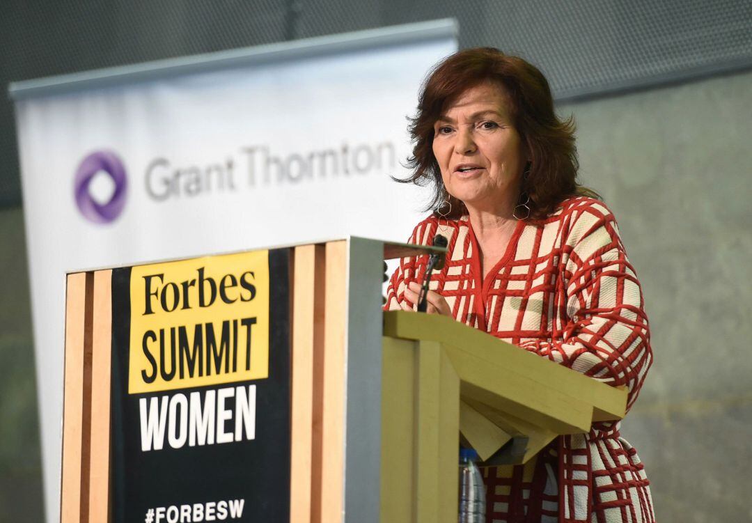 La vicepresidenta del Gobierno y ministra de la Presidencia, Relaciones con las Cortes e Igualdad, Carmen Calvo, durante su intervención en el &quot;Forbes Summit Women&quot;