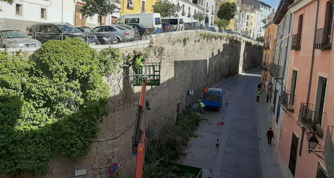 Trabajos de mantenimiento del muro de la calle Alfonso VIII.