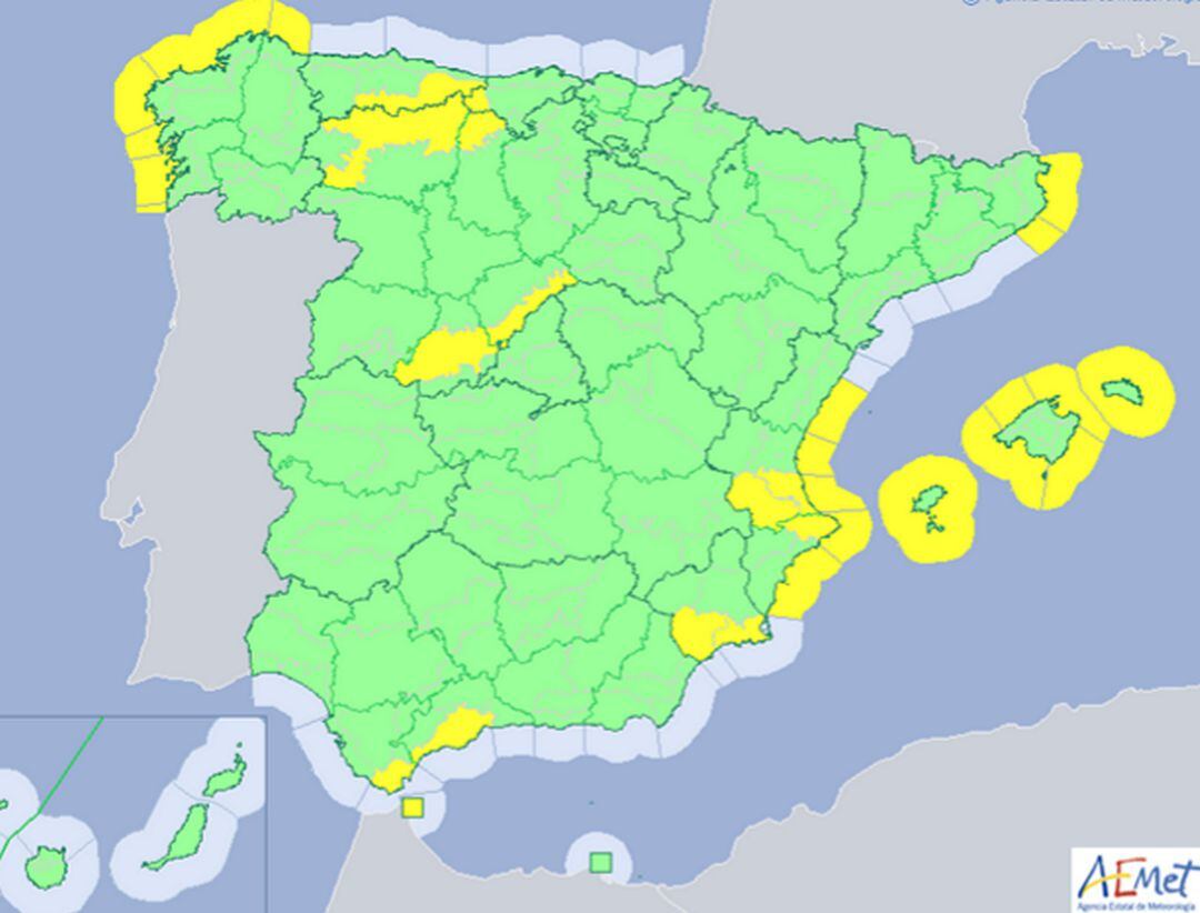 Mapa de alertas meteorológicas previstas por Aemet. 