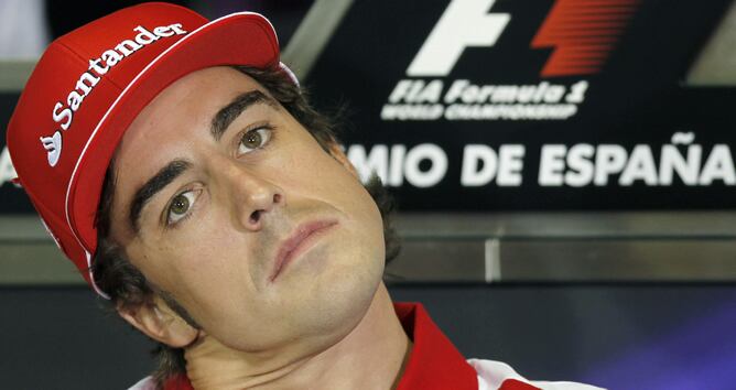 l piloto español Fernando Alonso, de Ferrari, durante la rueda de prensa que ofreció hoy, 10 de mayo de 2012, previa al Gran Premio de España que se disputa este fin de semana en el circuit de Catalunya, en Montmeló