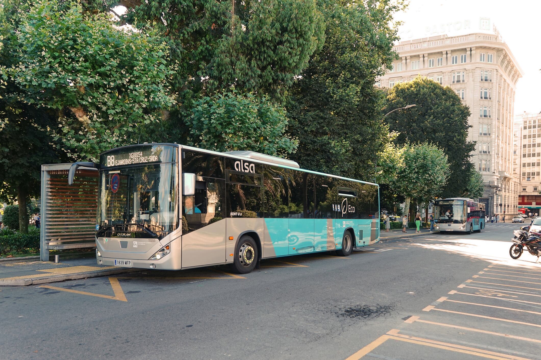 Metropolitan bus stop in the gardens of Méndez Núñez in the city of Coruna Coruna, Galicia, Spain 07122023