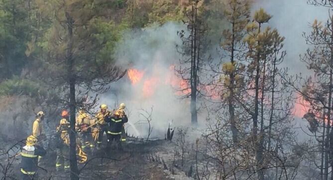 Labores de extinción en el incendio declarado este domingo en Mijas