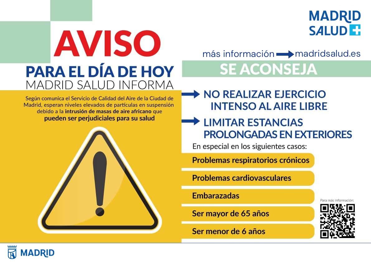 Aviso calidad del aire del Ayuntamiento de Madrid.