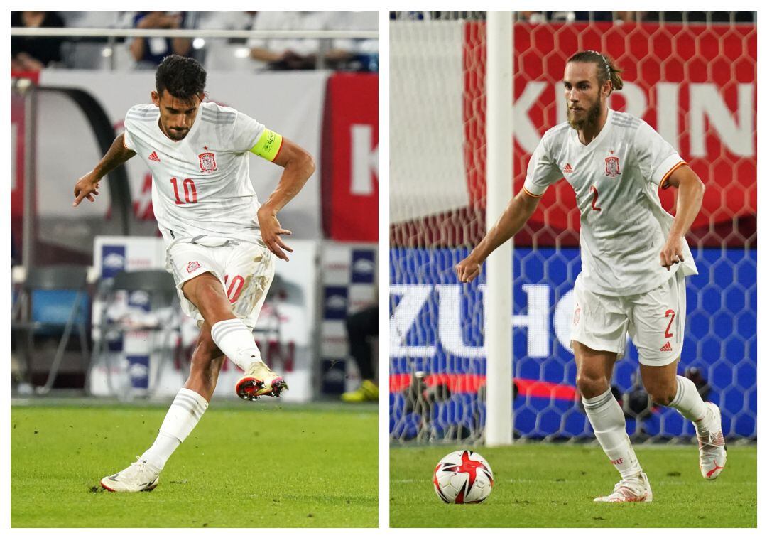 Dani Ceballos y Óscar Mingueza durante un partido con la selección española olímpica