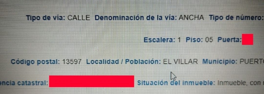 Información catastral que sitúa un domicilio de la calle Ancha de Puertollano en El Villar 