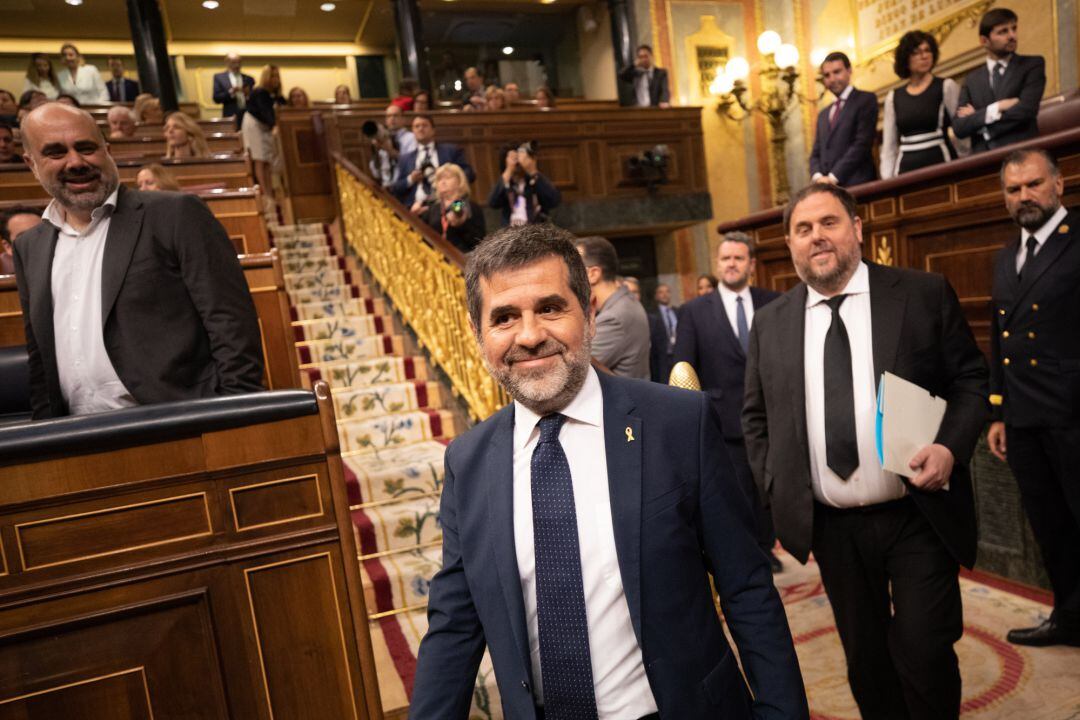 Jordi Sanchez y Oriol Junqueras, en la jornada de constitución de las Cortes, el pasado 21 de mayo.