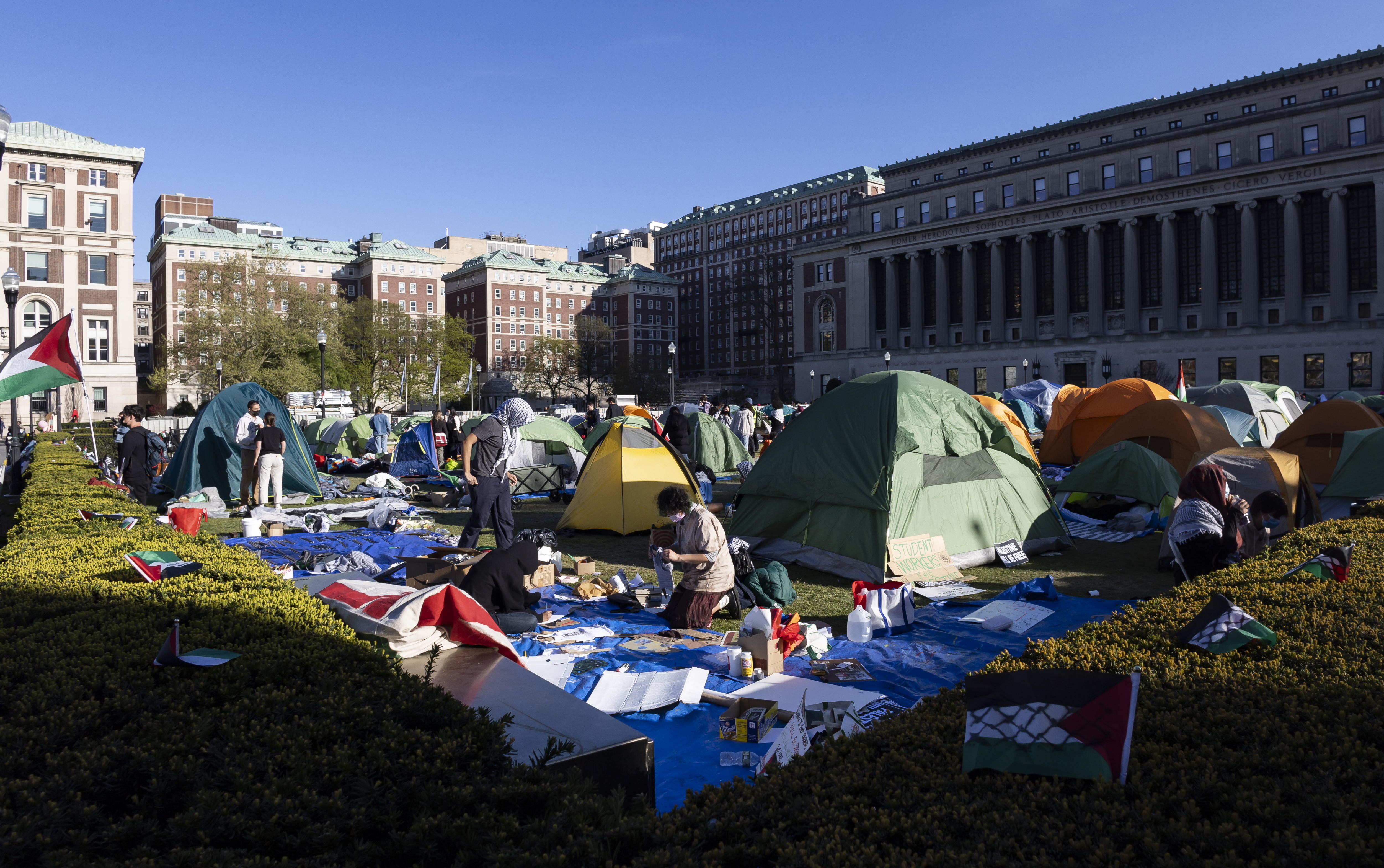 New York (United States), 26/04/2024.- Campamento de estudiantes universitarios propalestinos en el campus de la Universidad de Columbia (Protestas, Nueva York) EFE/EPA/JUSTIN LANE