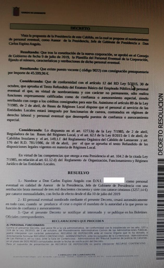 Decreto de nombramiento de Carlos Espino como jefe del Gabinete de Presidencia del Cabildo de Lanzarote.