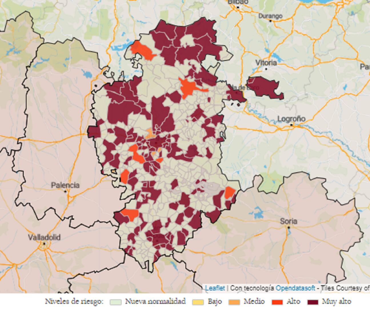 Mapa de incidencia covid de la provincia de Burgos a 24 de febrero de 2022