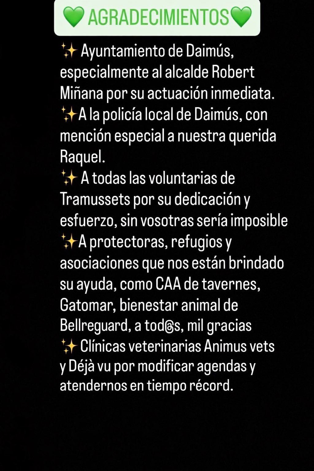 Publicación de la Asociación Tramussets en las que agraden a todas las personas y entidades que han colaborado en el bienestar de los gatos rescatados.