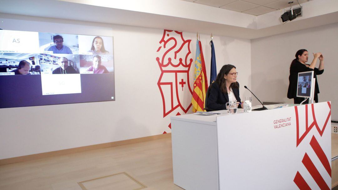 Mónica Oltra, en la rueda de prensa telemática tras el pleno del Consell