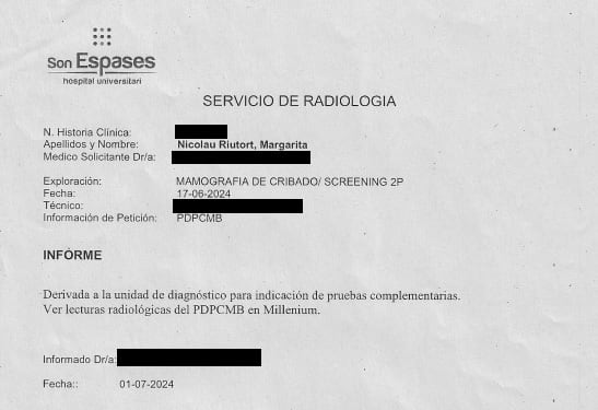 El informe de la mamografía de Margarita Nicolau se firma dos semanas después de la prueba.