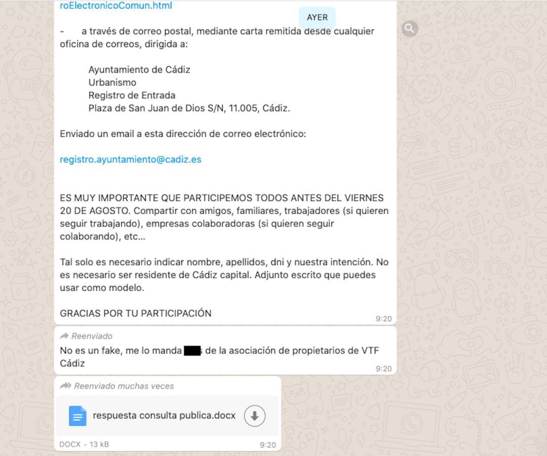 Mensaje de WhatsApp, circulado por un empresario de las VFT de Cádiz, llamando a la participación masiva adjuntando un modelo tipo