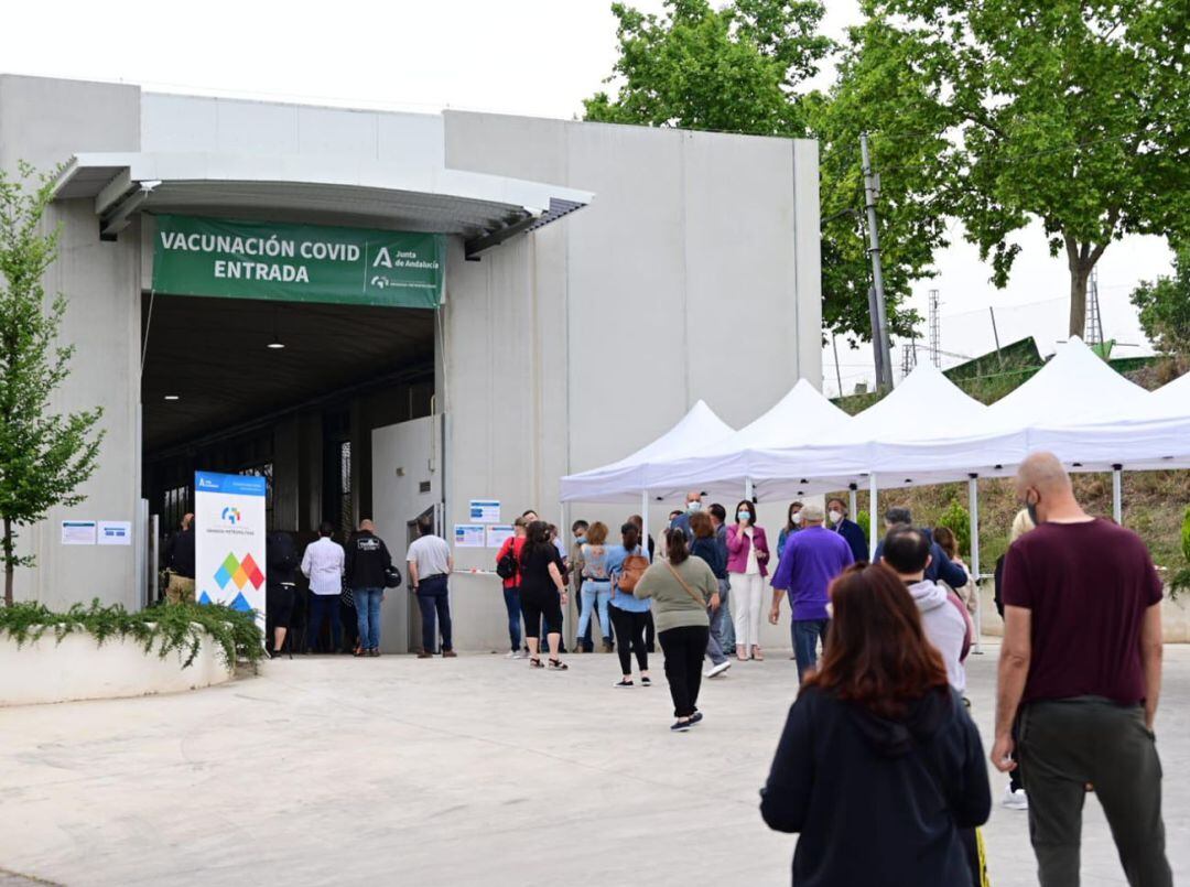 Colas para acceder al punto de vacunación masiva contra la covid instalado por la Junta de Andalucía en el Parque Norte de Bomberos de Granada