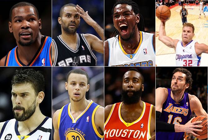 De derecha a izquierda: Kevin Durant (Thunder), Tony Parker (Spurs), Faried (Denver), Griffin (Clippers), Marc Gasol (Memphis), Stephen Curry (Warriors), James Harden (Rockets), Pau Gasol (Lakers)