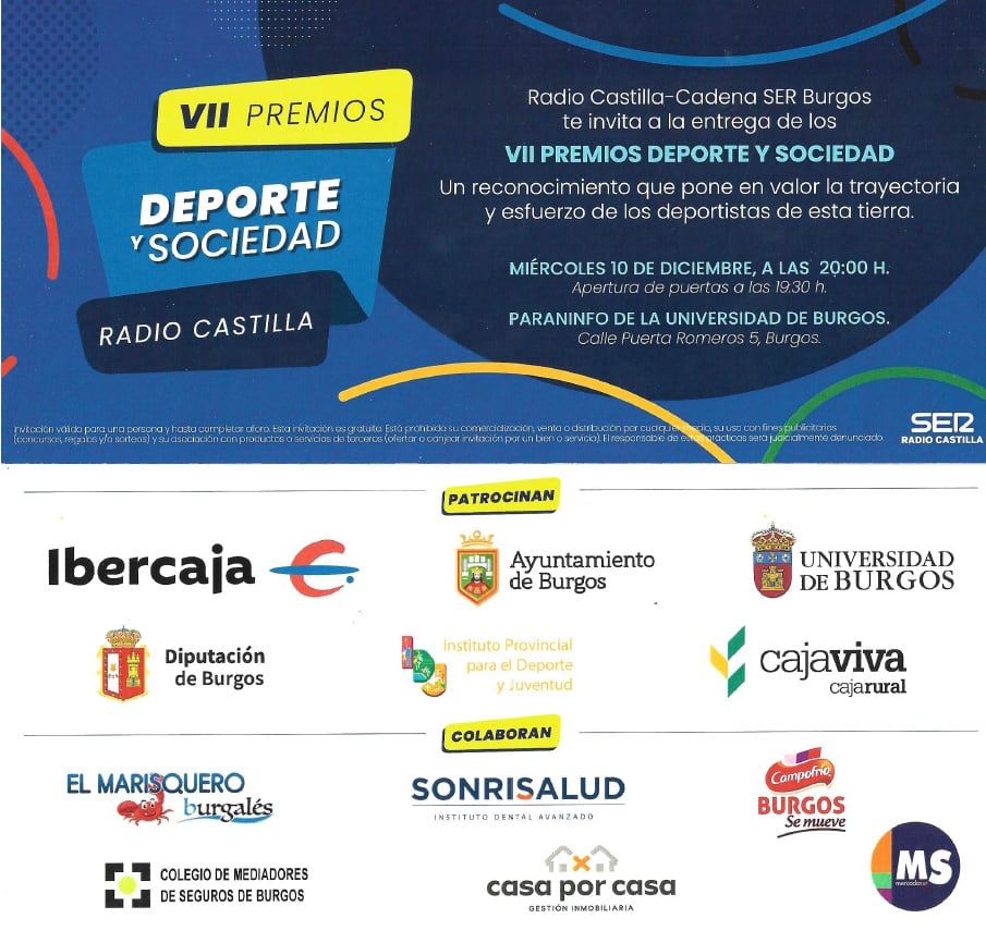 Invitación y patrocinadores de los VII Premios Deporte y Sociedad de Radio Castilla Cadena Ser Burgos.
