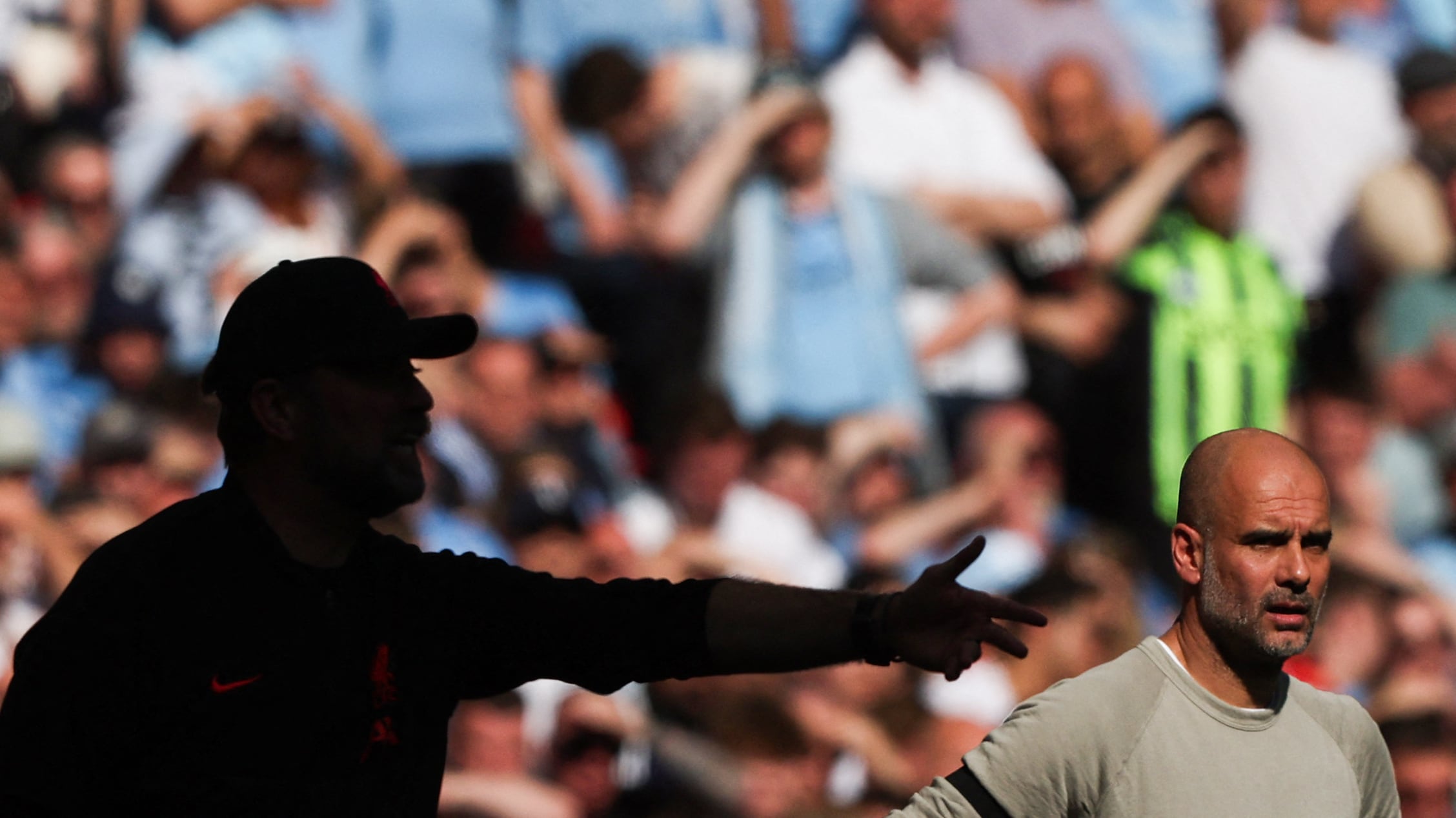 Jurgen Klopp y Pep Guardiola, durante el partido de FA Cup que disputaron entre el Manchester City y el Liverpool