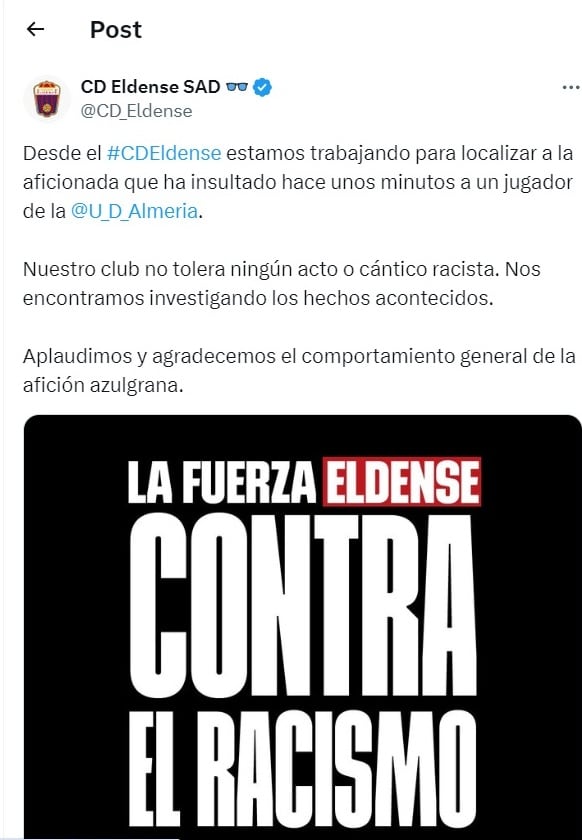 Mensaje del Eldense en RR. SS.