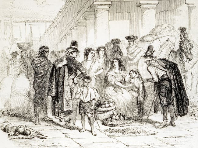 Ciego vendiendo billetes de lotería en España, ilustración de la revista «Le Magasin pittoresque» de Edouard Charton, publicada en 1855.