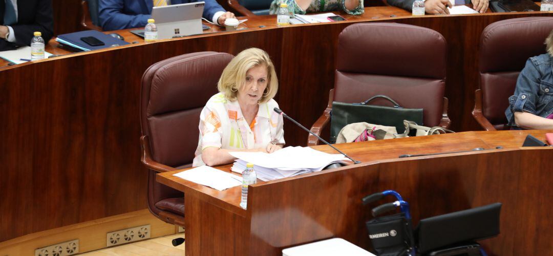 La consejera de Familia, Juventud y Política Social, Concepción Dancausa, durante una sesión plenaria en la Asamblea de Madrid.