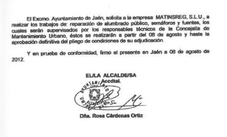 Firma de Rosa Cárdenas encargándole los trabajos a Matinsreg el día 8 de agosto.