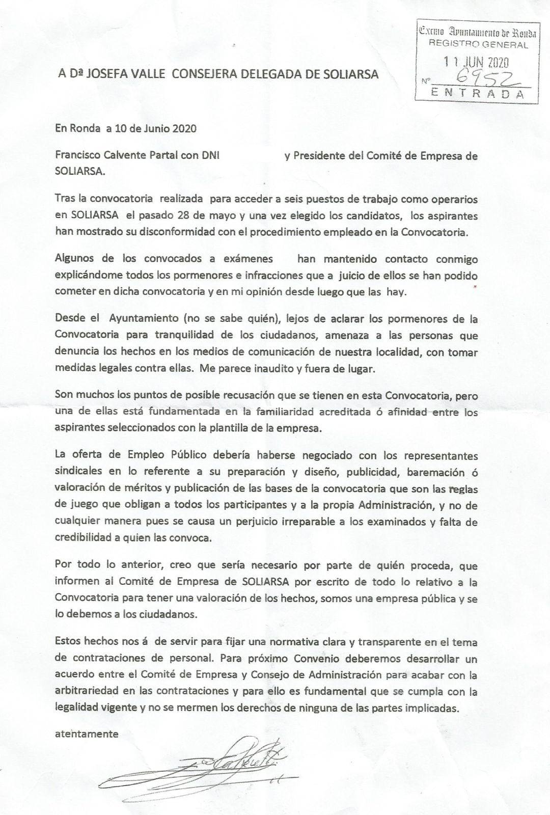 La carta, dirigida a la atención de Josefa Valle, fue enviada el 11 de junio