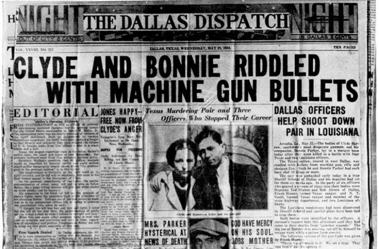 Primera página del periódico &#039;The Dallas Dispatch&#039; con la noticia de la muerte de Bonnie and Clyde.