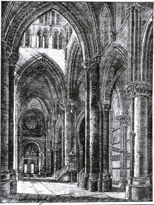 Grabado del interior de la catedral de Cuenca en 1886.