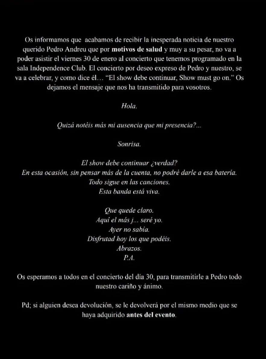 El comunicado de la banda y Pedro Andreu