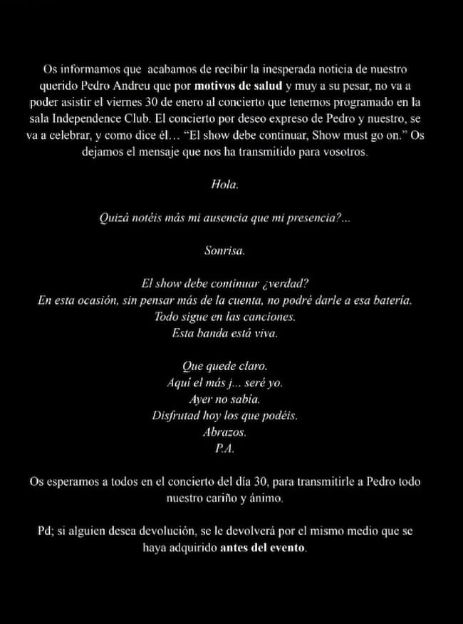 El comunicado de la banda y Pedro Andreu
