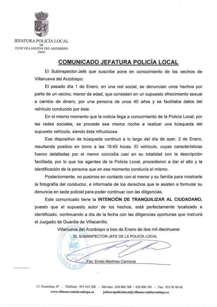 Comunicado oficial explicando lo sucedido y el procedimiento seguido por las autoridades policiales de Villanueva del Arzobispo