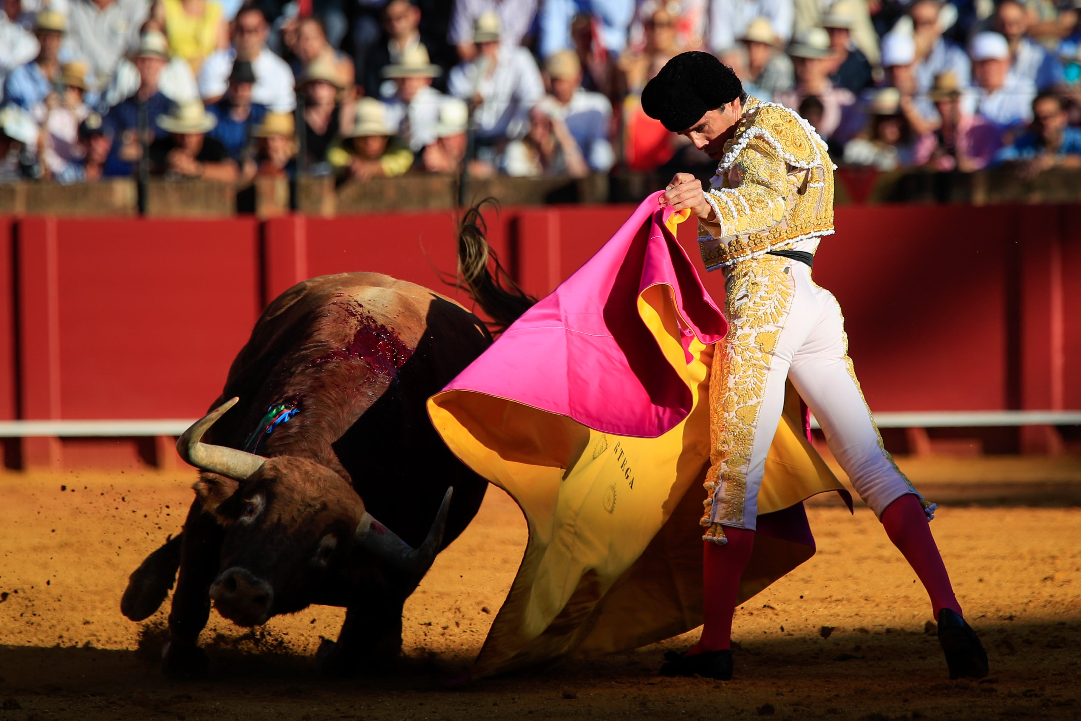 SEVILLA, 26/04/2023.- El diestro Juan Ortega durante la faena a su primer toro, de la ganadería de Domingo Hernández, en la décima corrida de abono de la Feria de Abril esta tarde en la plaza de la Real Maestranza de Sevilla. EFE/ Julio Muñoz
