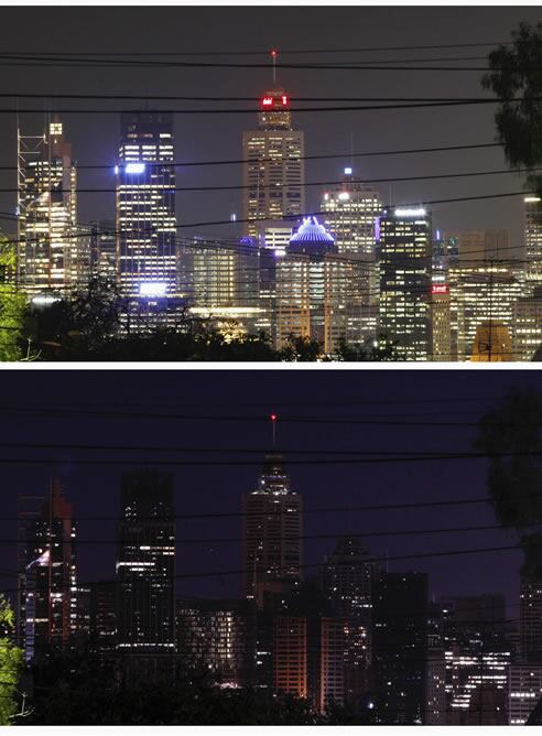 Imagen de la ciudad australiana de Sidney, antes y durante la &#039;Hora del Planeta&#039; (REUTERS)